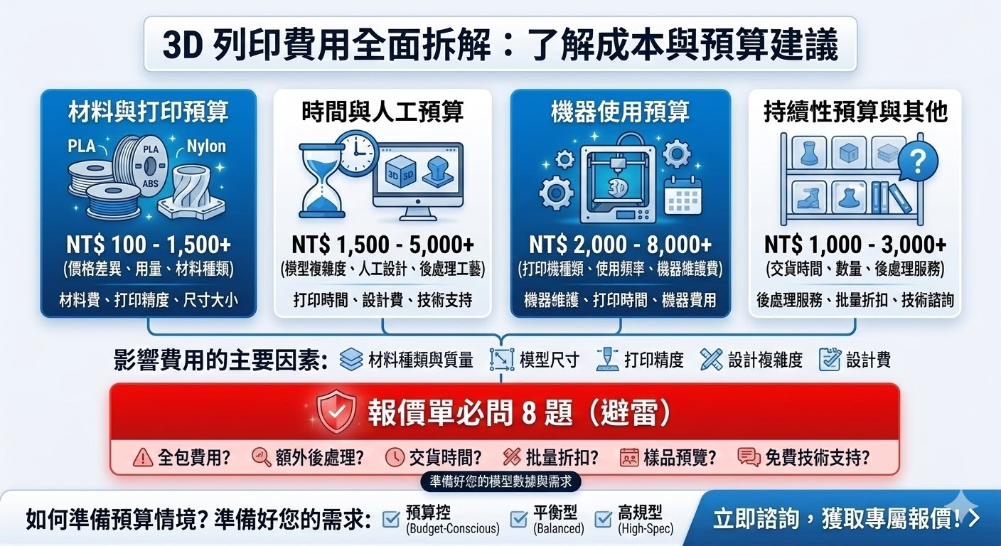3D列印是一種通過數位設計文件，將材料一層一層堆疊，最終製作出實體物品的技術。它廣泛應用於製造業、醫療、建築等領域，提供快速原型製作、複雜結構設計及定制化產品的解決方案。相比傳統製造方式，3D列印具有較低的成本和更高的靈活性，適合小批量生產及原型測試。